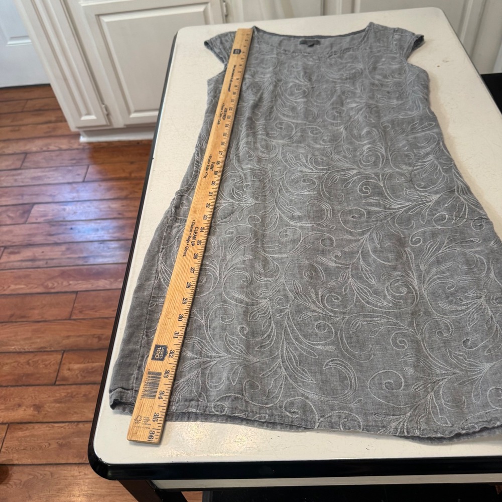 Lina Tomei Dress Womens Medium Gray Linen Embroidered Cap Sleeve Pockets Italy - Picture 7 of 8